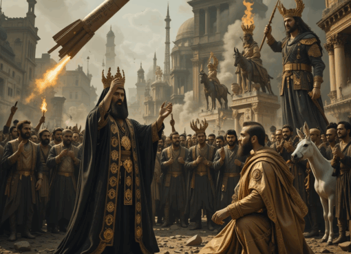 صورة رمزية ساخرة تُجسّد طغاة يباركون الدمار باسم الدين وسط مدينة مدمرة وجمهور من الحيوانات