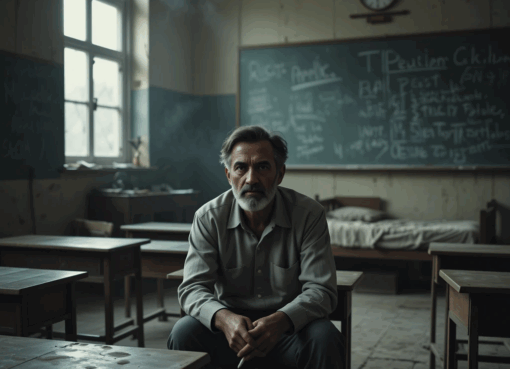 رجل مغربي وحيد في فصل دراسي مهجور، يجلس بتعب وهو يدخن سيجارة.