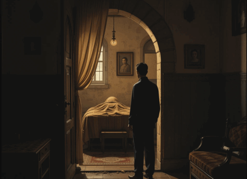 داخل منزل مغربي تقليدي في الليل، ستارة تحجب مدخل الغرفة حيث يرقد والد متوفى في أجواء حزينة.