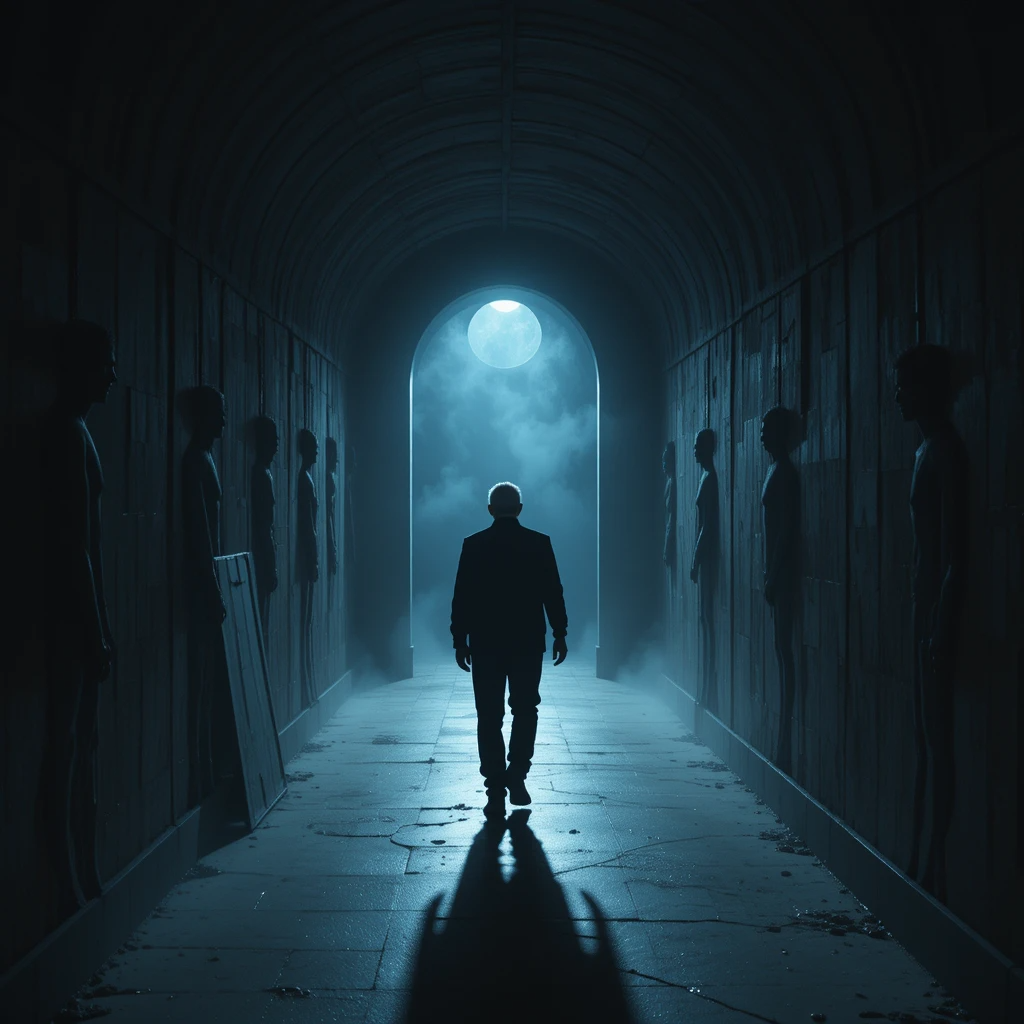 رجل مسن يسير في ممر مظلم يرمز إلى اقتراب النهاية، تحيط به ظلال غامضة تعكس الذكريات والندم.