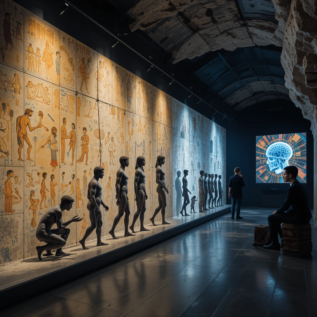صورة واقعية توضح تطور الفن التشكيلي من الرسوم الكهفية القديمة إلى الفن الرقمي المعاصر المدعوم بالذكاء الاصطناعي.