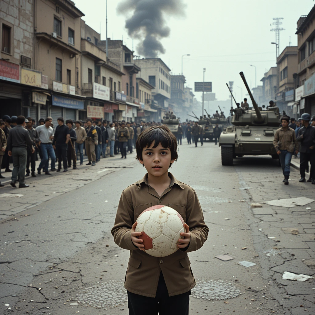 مشهد من انتفاضة 1984 في تطوان خلال زمن الرصاص، يظهر طفل يحمل كرة وسط احتجاجات شعبية وجنود مدججين بالسلاح.