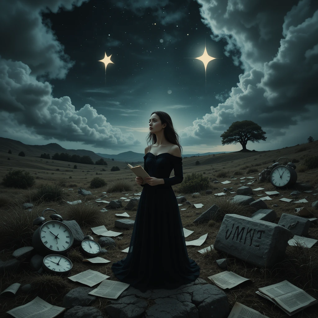 امرأة بثوب أسود تقف تحت سماء ليلية غائمة، في مشهد شعري يمزج بين الحزن والتأمل.