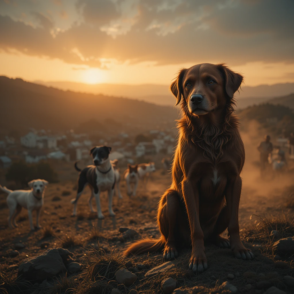 كلب أحمر عجوز يجلس وحيدًا على تلة عند الغروب، ينظر إلى مجموعة كلاب تقودها كلب شاب في قرية ريفية