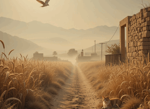 مشهد صباحي شاعري في الريف المغربي مع قط نائم وطريق ترابي تحفّه سنابل