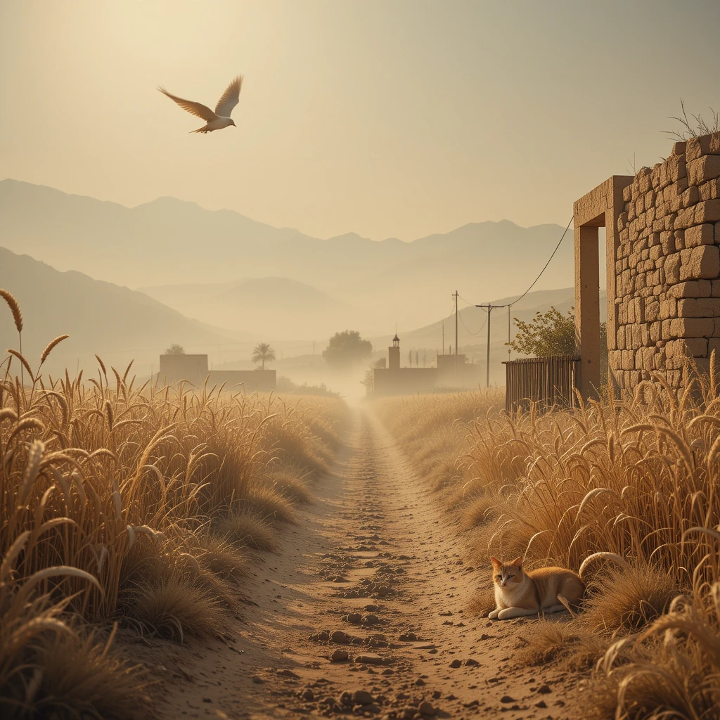 مشهد صباحي شاعري في الريف المغربي مع قط نائم وطريق ترابي تحفّه سنابل
