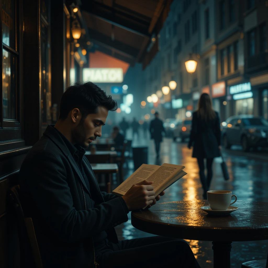 رجل وحيد في مقهى ليلي يقرأ ديوان شعر بينما امرأة تبتعد في الخلفية