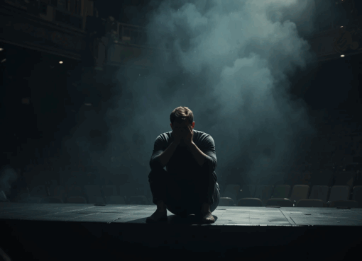 رجل يجلس وحيدًا على خشبة مسرح مظلم في لحظة انهيار