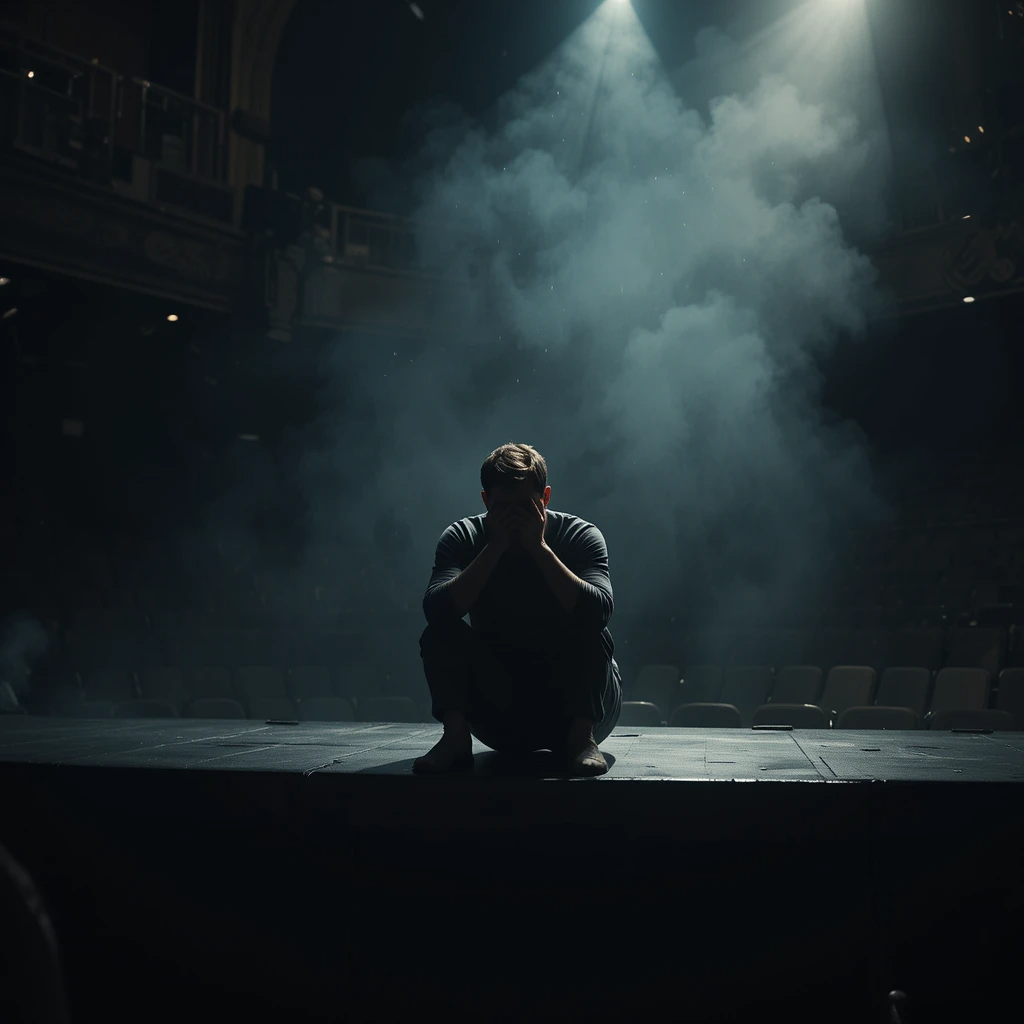 رجل يجلس وحيدًا على خشبة مسرح مظلم في لحظة انهيار