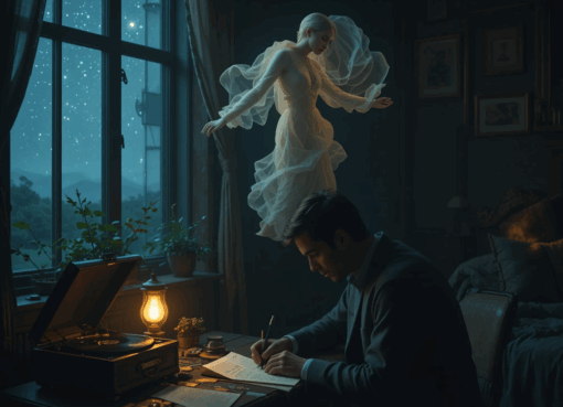 رجل وحيد يكتب رسالة في غرفة مظلمة بينما يتخيل امرأة في ضوء القمر
