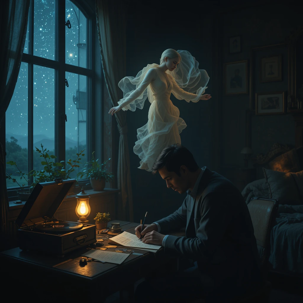 رجل وحيد يكتب رسالة في غرفة مظلمة بينما يتخيل امرأة في ضوء القمر