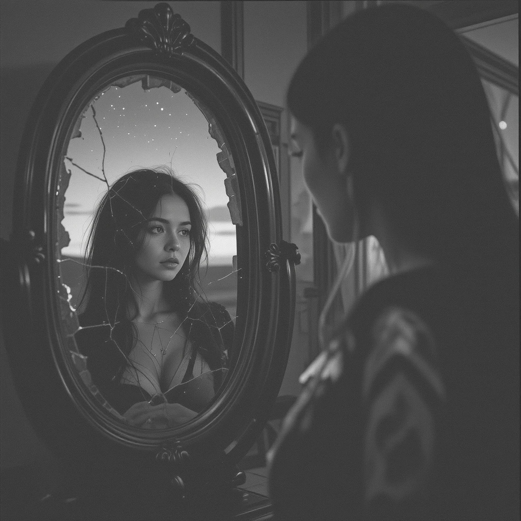 امرأة تتأمل في مرآة متشققة في غرفة مظلمة