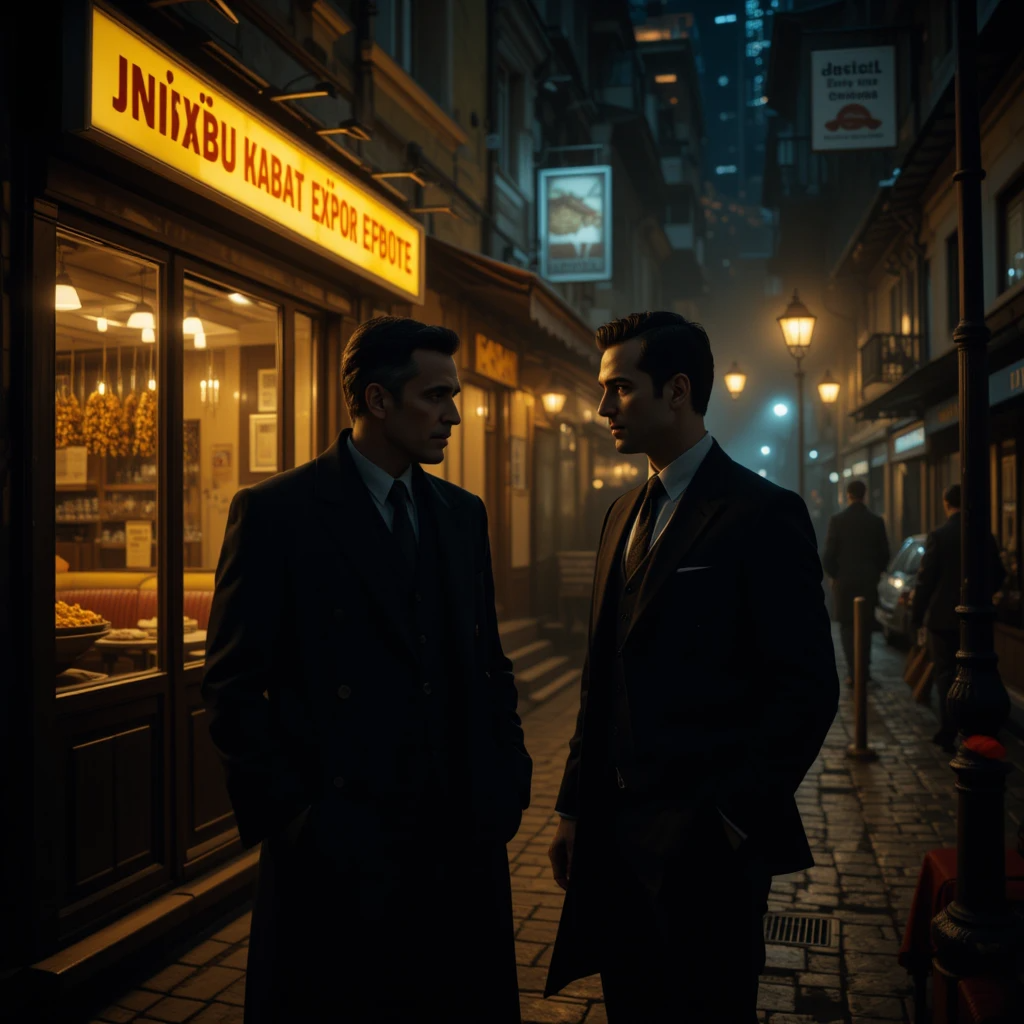 رجلان يتحدثان سرا أمام مطعم في إسطنبول ليلاً في أجواء تجسسية