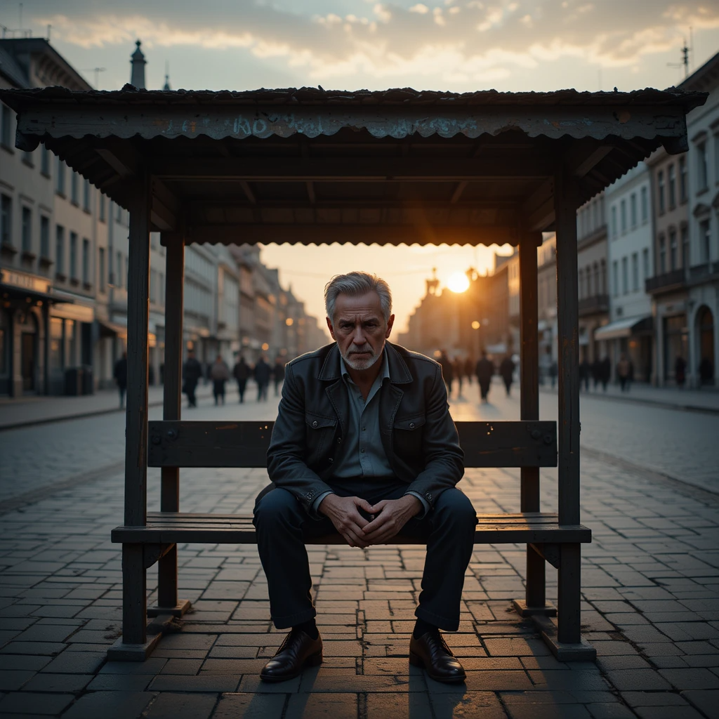 رجل خمسيني حزين يجلس وحده على مصطبة في ساحة عامة مع شروق الشمس