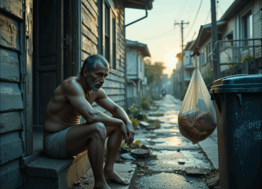 رجل منهك يجلس على عتبة باب ينظر إلى كيس خبز على حاوية قمامة في حي شعبي فجراً