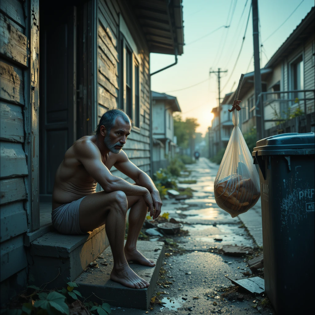 رجل منهك يجلس على عتبة باب ينظر إلى كيس خبز على حاوية قمامة في حي شعبي فجراً