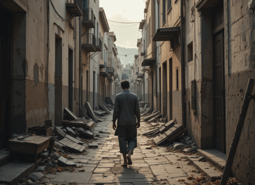 رجل وحيد يسير في زقاق مهجور بمدينة مغربية قديمة تحت شمس حارقة