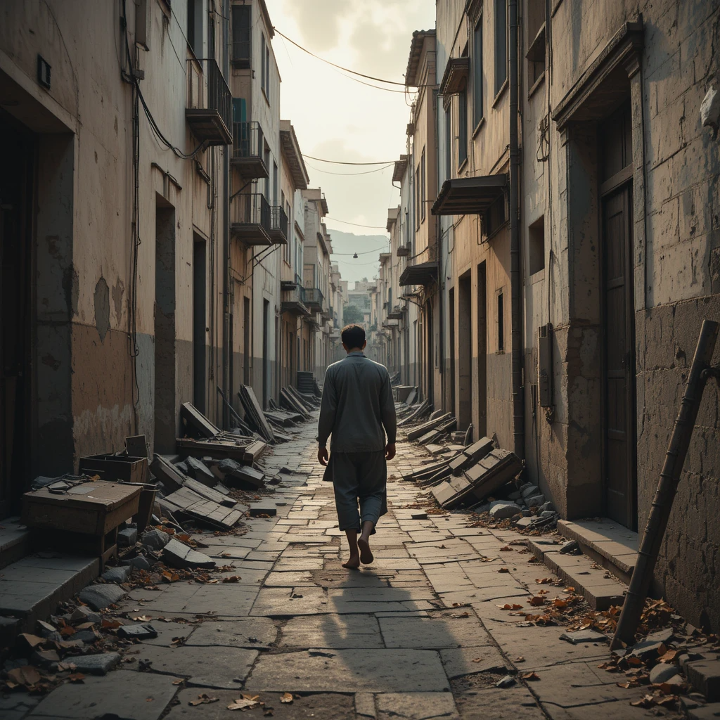 رجل وحيد يسير في زقاق مهجور بمدينة مغربية قديمة تحت شمس حارقة