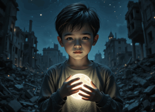 طفل صغير يقف وسط أنقاض مدينة مدمرة ليلاً، يحتضن ضوء القمر بين يديه