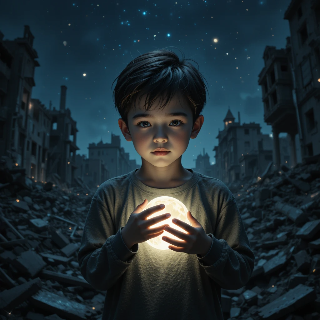 طفل صغير يقف وسط أنقاض مدينة مدمرة ليلاً، يحتضن ضوء القمر بين يديه