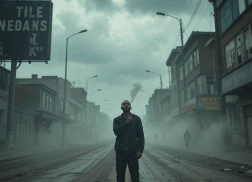 رجل وحيد يقف في شارع مهجور تحت سماء عاصفة، والدخان يتطاير من سيجارته في مهب الريح