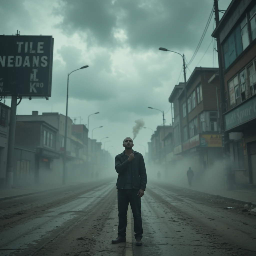 رجل وحيد يقف في شارع مهجور تحت سماء عاصفة، والدخان يتطاير من سيجارته في مهب الريح