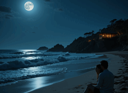 رجل وامرأة يجلسان على شاطئ مغربي تحت ضوء القمر في ليلة رومانسية