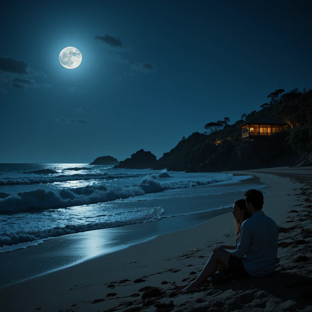 رجل وامرأة يجلسان على شاطئ مغربي تحت ضوء القمر في ليلة رومانسية