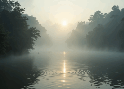 ضباب خفيف يتصاعد فوق نهر هادئ عند الفجر مع ضوء شمس ناعم وخضرة مورقة