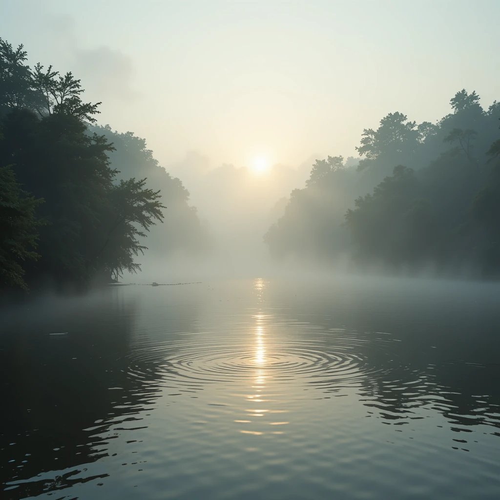 ضباب خفيف يتصاعد فوق نهر هادئ عند الفجر مع ضوء شمس ناعم وخضرة مورقة
