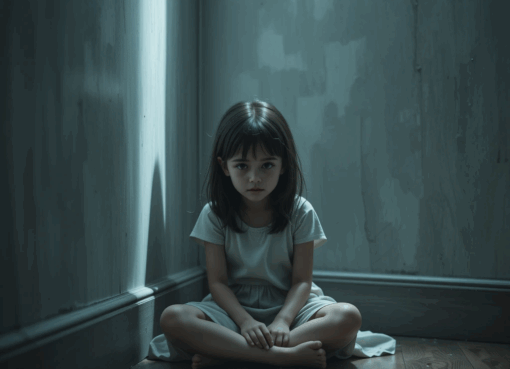 طفلة صغيرة تبكي في زاوية غرفة مظلمة تعكس ملامحها الخوف والحزن.