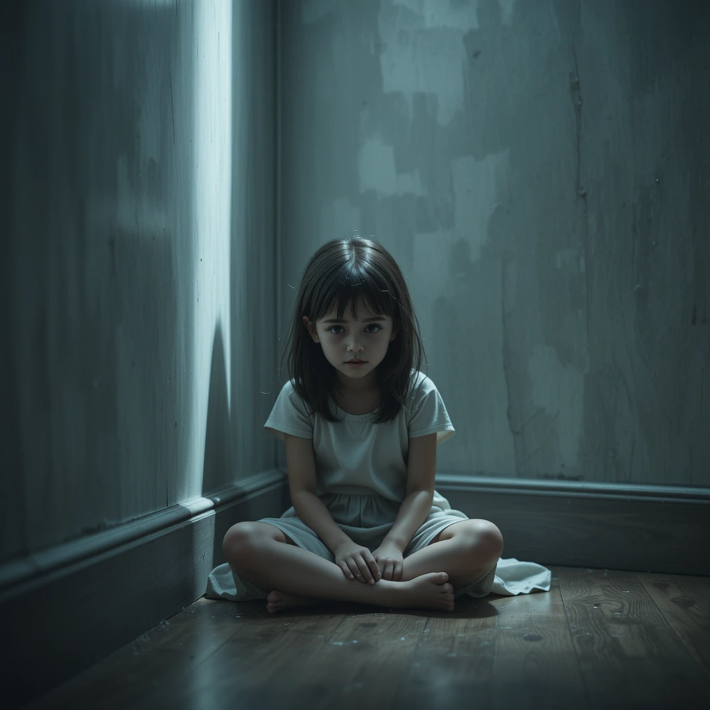 طفلة صغيرة تبكي في زاوية غرفة مظلمة تعكس ملامحها الخوف والحزن.