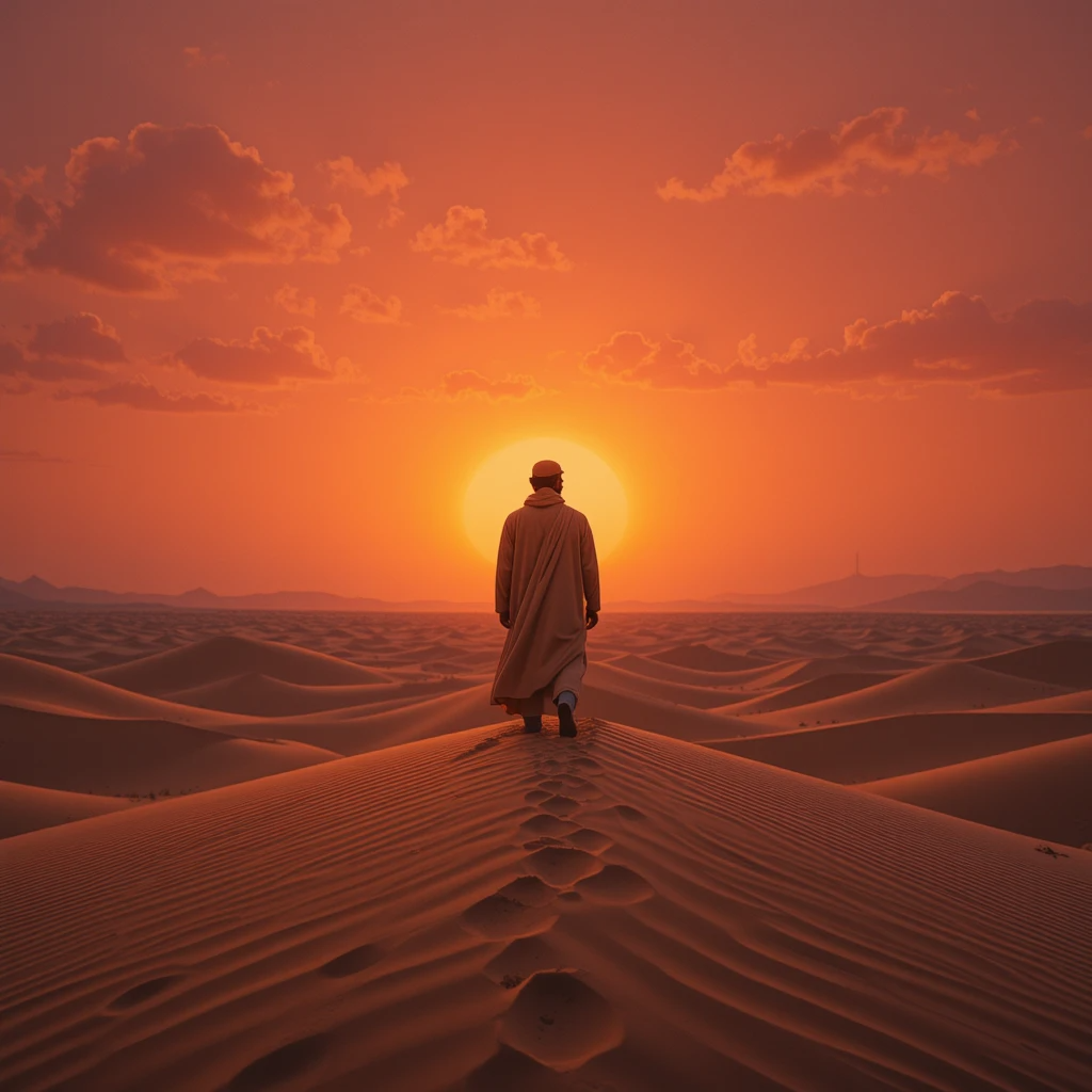 رجل عربي ينظر إلى أفق الصحراء عند الغروب، تعبير عن الحنين والمجد الضائع