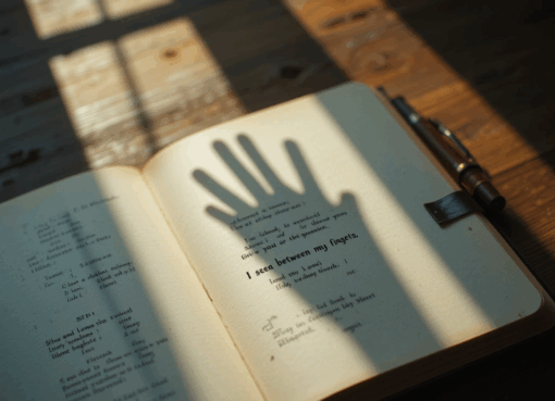 صورة تعبيرية لقصيدة "أراك بين أصابعي" تمثل دفتر مفتوح وقلم مع ظل اليد