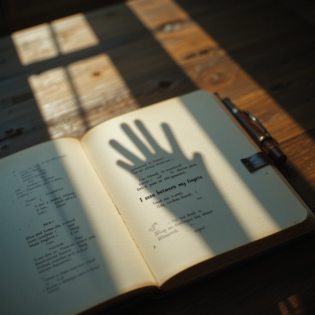 صورة تعبيرية لقصيدة "أراك بين أصابعي" تمثل دفتر مفتوح وقلم مع ظل اليد