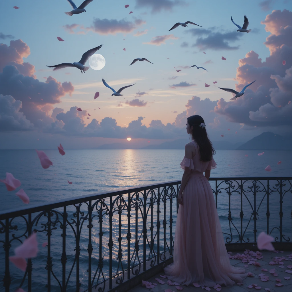 مشهد شاعري لامرأة على شرفة تطل على البحر في عالم موازي