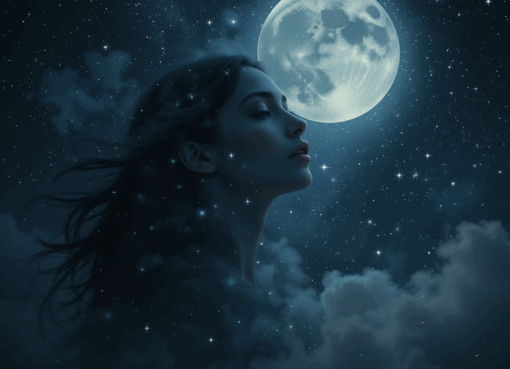 سماء ليلية حالمة مرصعة بالنجوم يتوسطها قمر مضيء، تنعكس أنواره على وجه أنثوي شاعري يرمز للحب والقدر.