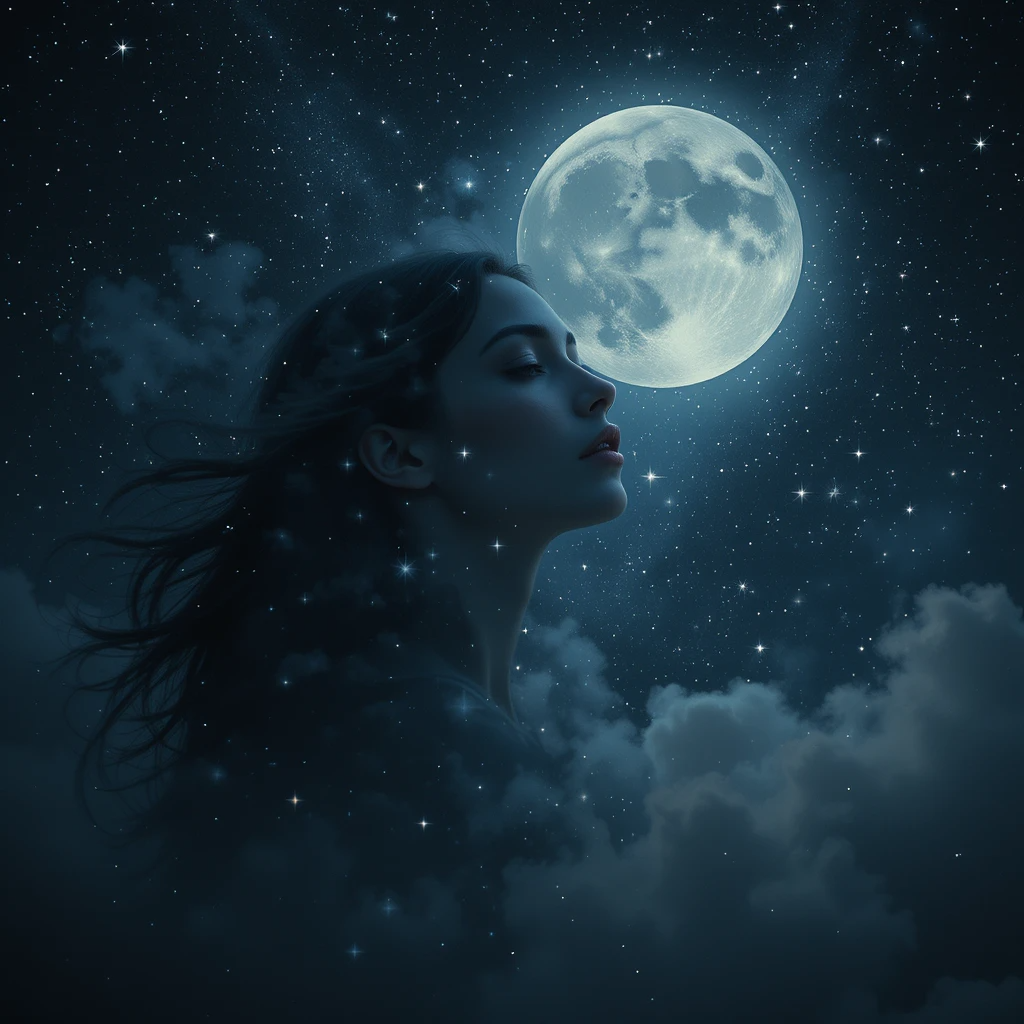سماء ليلية حالمة مرصعة بالنجوم يتوسطها قمر مضيء، تنعكس أنواره على وجه أنثوي شاعري يرمز للحب والقدر.