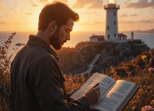 شاعر يكتب قصيدة دينية بين أشعة الشمس الذهبية