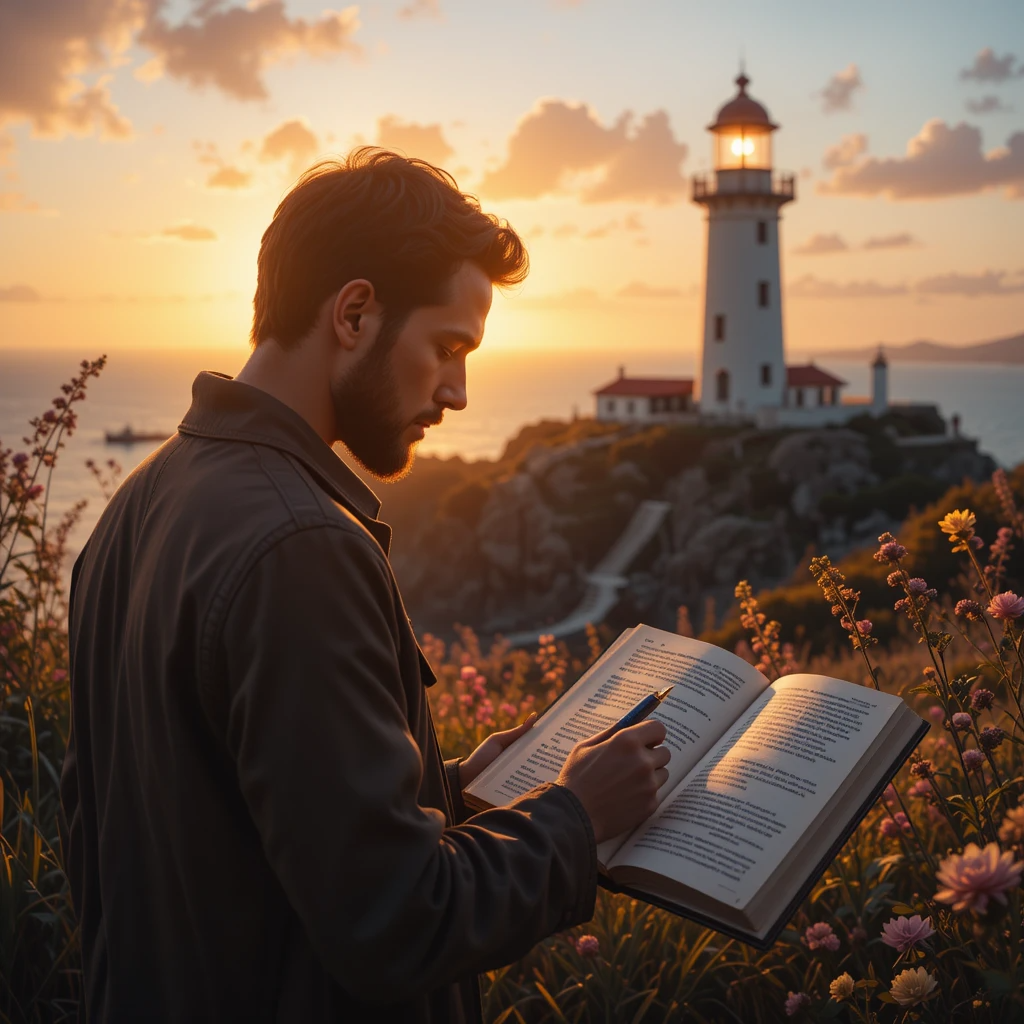 شاعر يكتب قصيدة دينية بين أشعة الشمس الذهبية