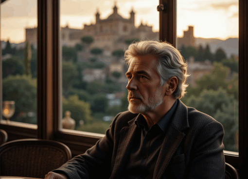 رجل في منتصف العمر يتأمل قصر الحمراء عند غروب الشمس في غرناطة.