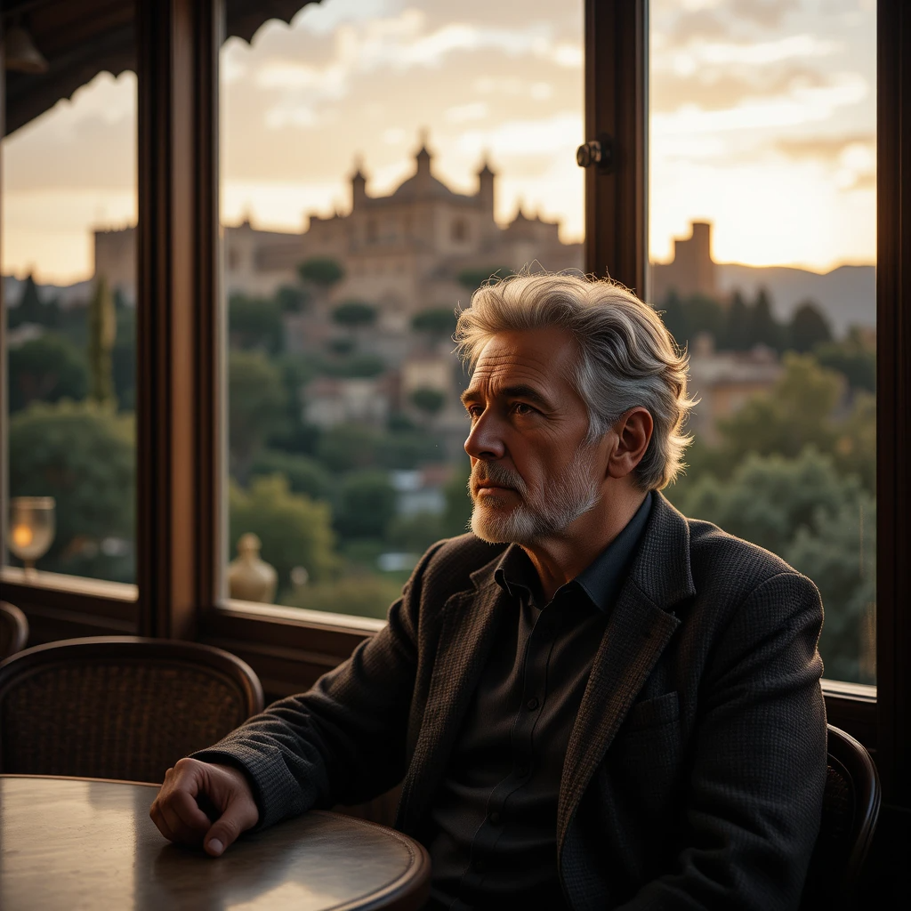 رجل في منتصف العمر يتأمل قصر الحمراء عند غروب الشمس في غرناطة.