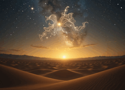 سماء مضيئة بالنجوم فوق صحراء هادئة ترمز إلى المحبة والسكينة الروحية