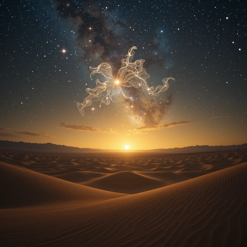سماء مضيئة بالنجوم فوق صحراء هادئة ترمز إلى المحبة والسكينة الروحية
