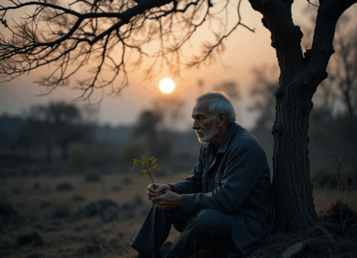 رجل مسن وحيد يجلس تحت شجرة ذابلة عند الغروب ممسكاً بشتلة صغيرة.