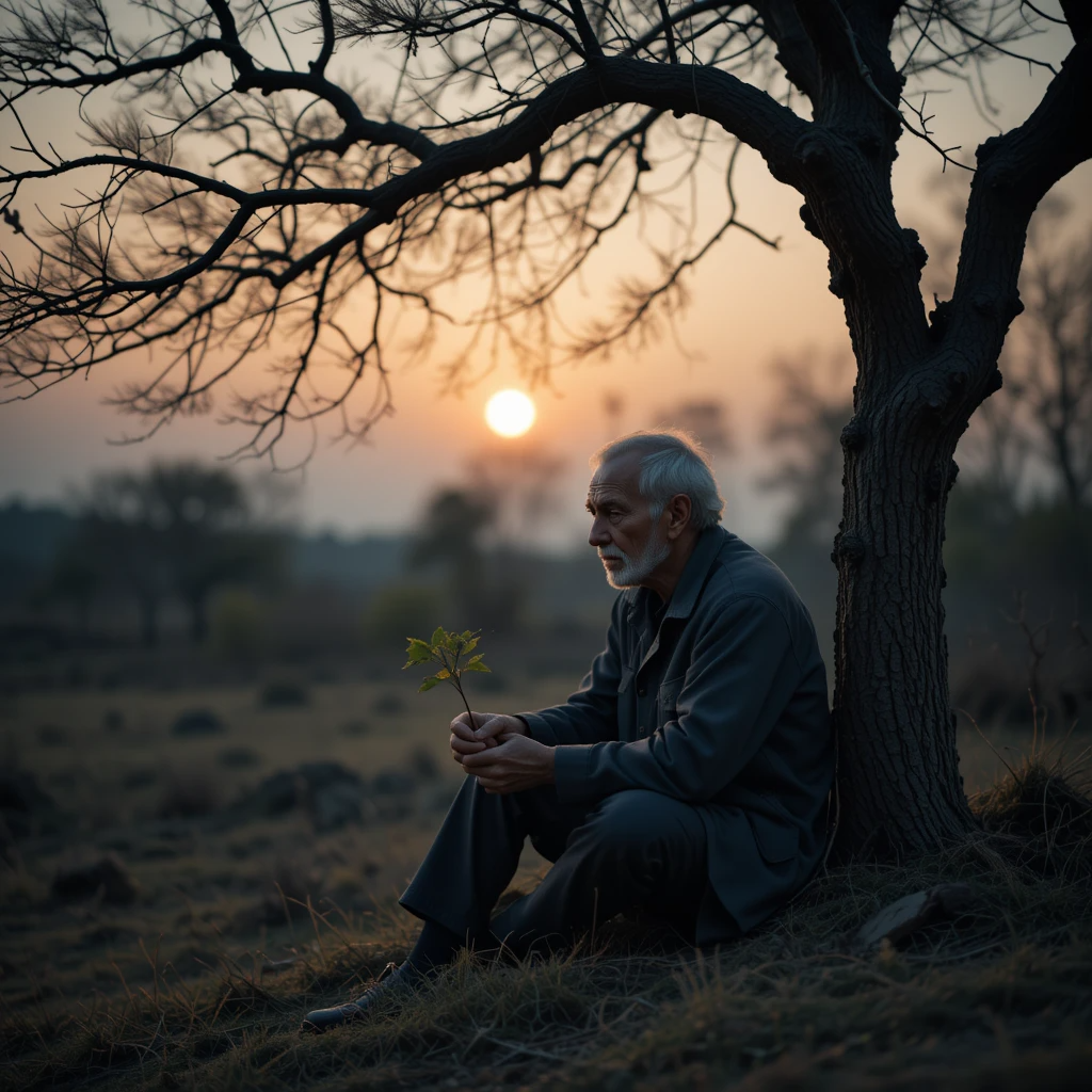 رجل مسن وحيد يجلس تحت شجرة ذابلة عند الغروب ممسكاً بشتلة صغيرة.