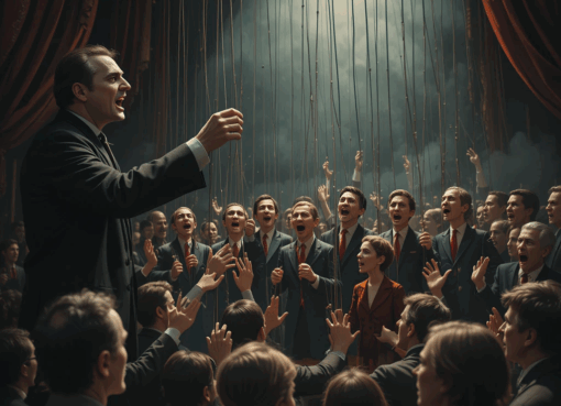 صورة واقعية ترمز إلى لعبة الدمى وسقوط القائد في مسرح سياسي ساخر