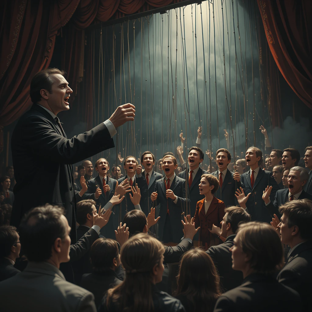صورة واقعية ترمز إلى لعبة الدمى وسقوط القائد في مسرح سياسي ساخر