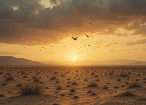 غروب فوق صحراء قاحلة ترمز إلى الفراغ والقلق.