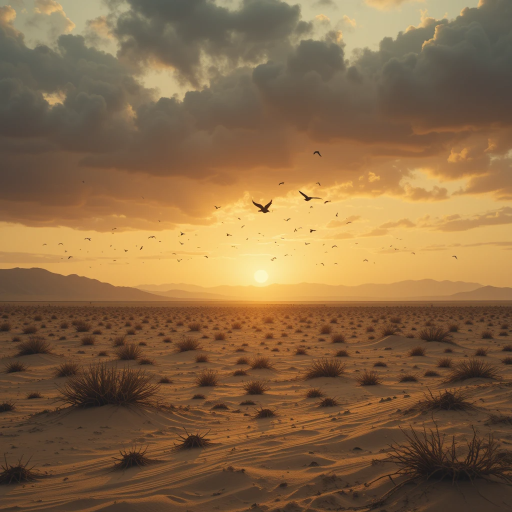 غروب فوق صحراء قاحلة ترمز إلى الفراغ والقلق.